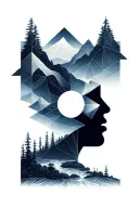 A geometric design representing the interconnectedness of mind, body, and spirit, with elements of nature like mountains and rivers flowing through it tattoo design idea