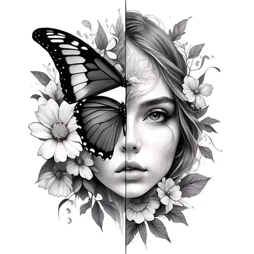 half butterfly half flowers with partial women's face fine line tattoo design idea