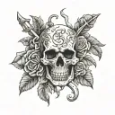 skull and bones over roses tattoo design idea