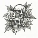 skull and bones over roses tattoo design idea