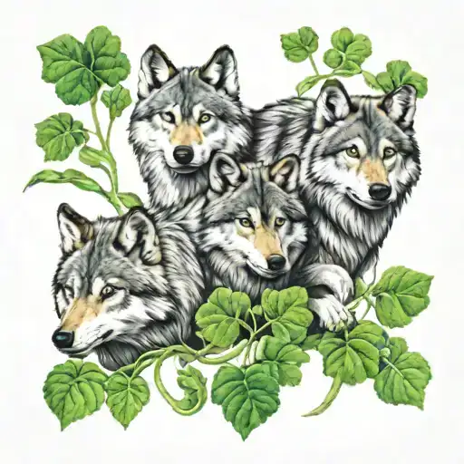 5 wolves family leaf clover intertwined tattoo design idea