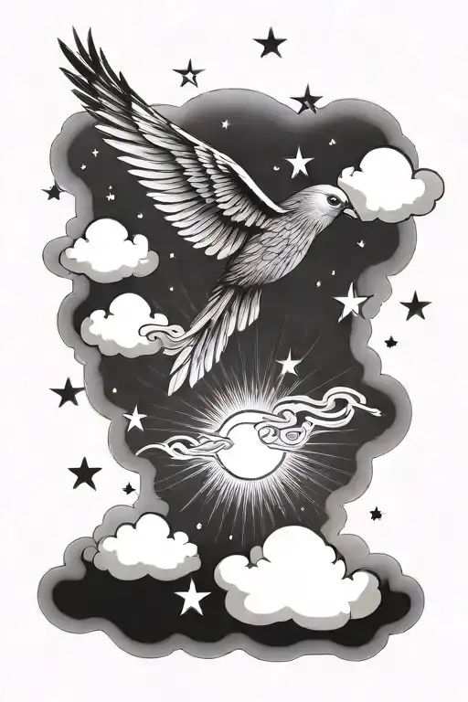 clouds around a bird with a wing showing, and sunshine coming through the clouds with little stars in the clouds tattoo design idea