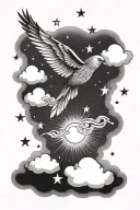clouds around a bird with a wing showing, and sunshine coming through the clouds with little stars in the clouds tattoo design idea