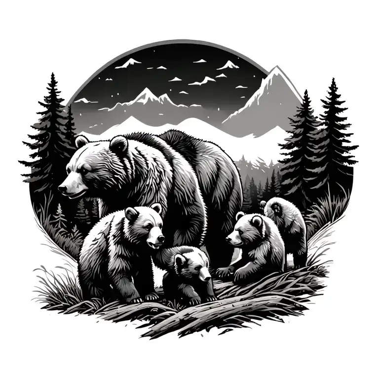 3 bear cubs playing in a wilderness scene with male bear guarding tattoo design idea