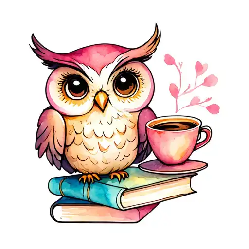 Girly owl with coffee and books tattoo design idea