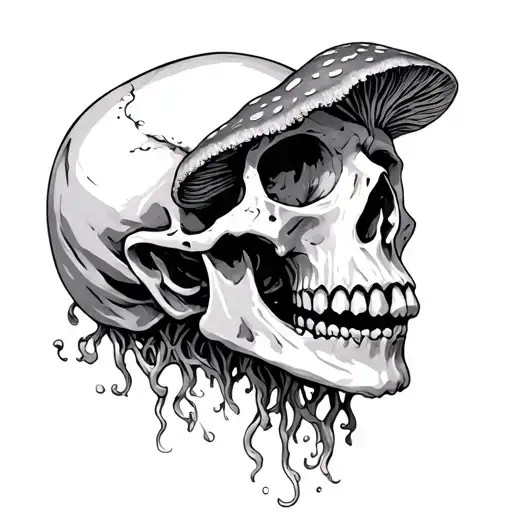 contorted skull with fungus tattoo design idea