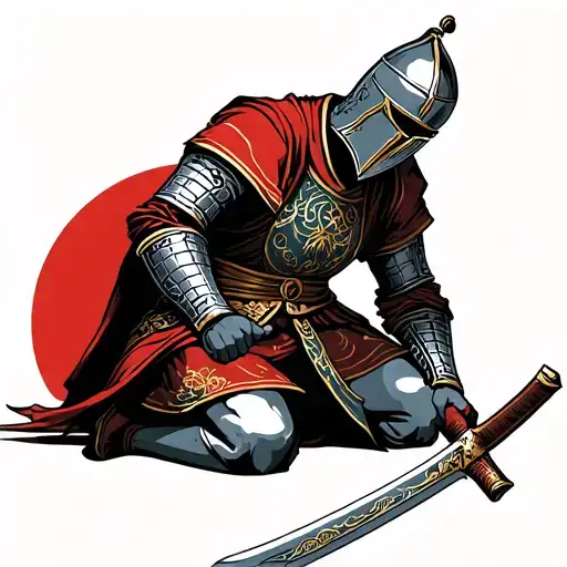 Templar Knight portrait kneeling down with sword in front tattoo design idea
