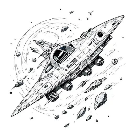 Jet out of this world flying into space with asteroids and spaceships  tattoo design idea