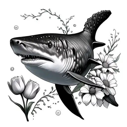 Whale shark swimming surrounded with birth flowers of march, june, may and november and a tulip tattoo design idea