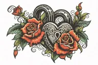 flaming heart shaped lock with flowers tattoo design idea