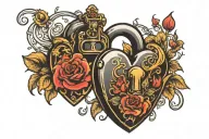 flaming heart shaped lock with flowers tattoo design idea