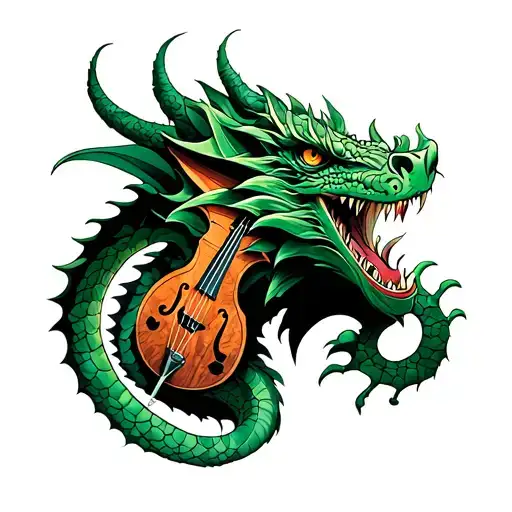 A mystical green dragon with musical instruments incorporated into its scales tattoo design idea