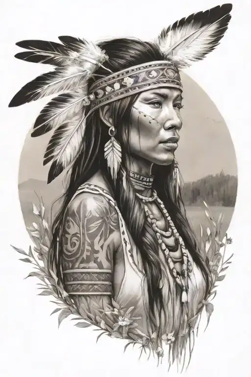 sexy native american woman, river, meadow tattoo design idea
