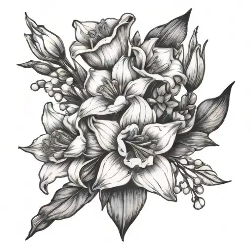 flower bouquet one poppy one Lilly of the valley one daffodil one cosmo one gladiolus tattoo design idea