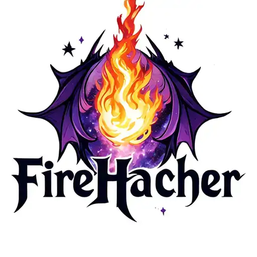 Make a logo for word "FireHacher." Fire breathing space dragon, stars, moons, more purple galaxy, more dragon element tattoo design idea