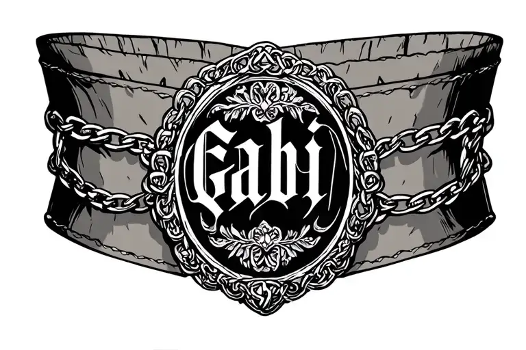Tattoo garter: wide (approx. 4-5 cm). In the middle a medallion with the inscription Gabi. Men's tattoo, chains tattoo design idea