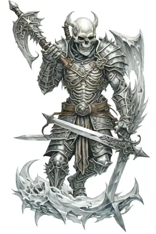 skull in ice armor holding a sword in front of a dragon tattoo design idea