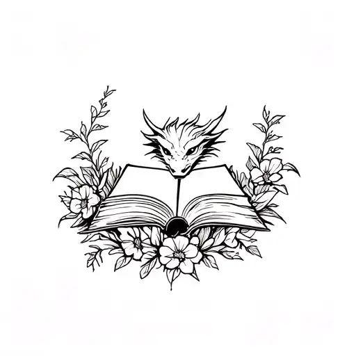 dragon reading a book surrounded by flowers tattoo design idea
