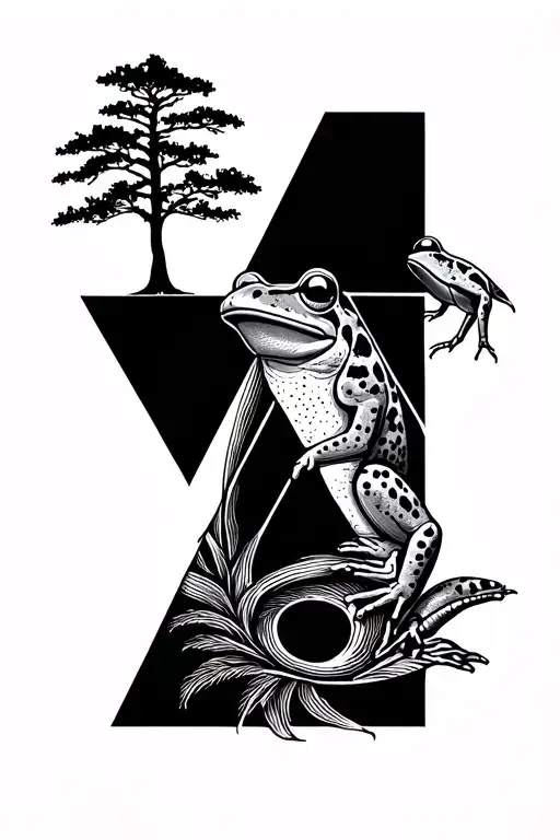 impossible triangle on bottom left, linkined by a tree to a frog on the top right.  tattoo design idea