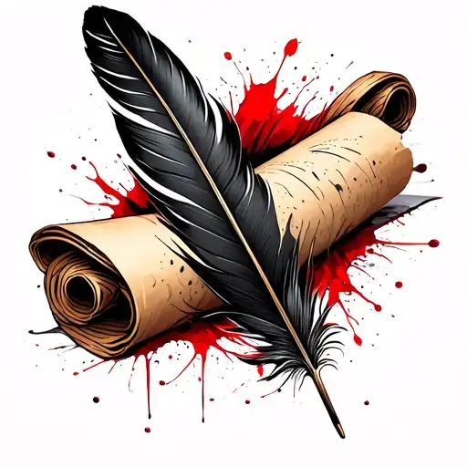 feather quill pen writing on a scroll tattoo design idea