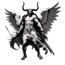  warrior angel (similar to Archangel Michael) piercing a demonic figure (possibly inspired by Baphomet or a fallen demon tattoo design idea