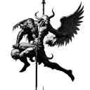  warrior angel (similar to Archangel Michael) piercing a demonic figure (possibly inspired by Baphomet or a fallen demon tattoo design idea