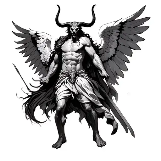  warrior angel (similar to Archangel Michael) piercing a demonic figure (possibly inspired by Baphomet or a fallen demon tattoo design idea