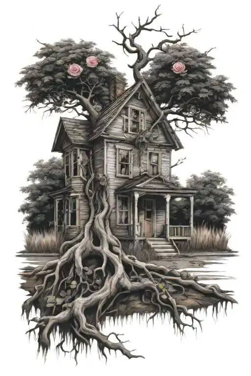 abandoned house, tree roots, roses tattoo design idea