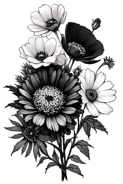 2 poppies, 1 chrysanthemum, 3 carnations, 3 aster, 1 daisy, 1 primrose, 1 larkspur, 1 narscissus, and 1 daffodil tattoo design idea