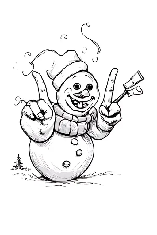 a snowman sticking the middle finger holding a joint and cracking a lil smile  tattoo design idea