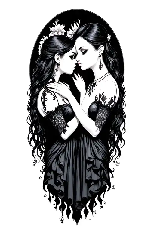 two goth girls kissing each other tattoo design idea