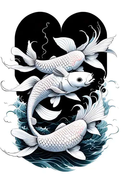 3 koi fish with big scales, black and grey, waves and water background, balance dark and light, no color tattoo design idea