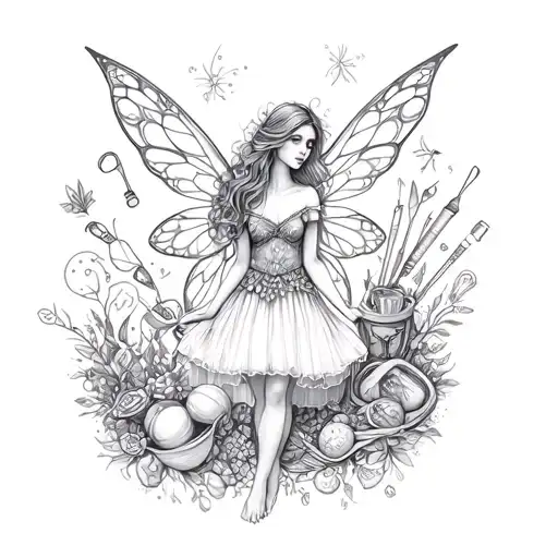 A detailed sketch of a fairy surrounded by a variety of crafting supplies tattoo design idea