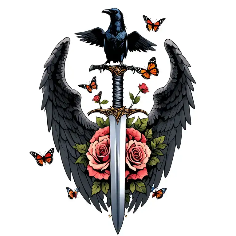 Angel wings behind a sword with a raven on top with roses and monarch butterflies tattoo design idea