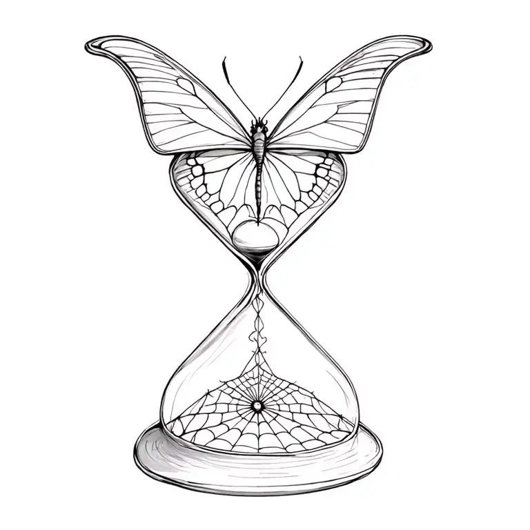 Butterfly tattoo with its body as a 3-chamber hourglass (top full, middle half, bottom nearly empty). Subtle spider web  tattoo design idea