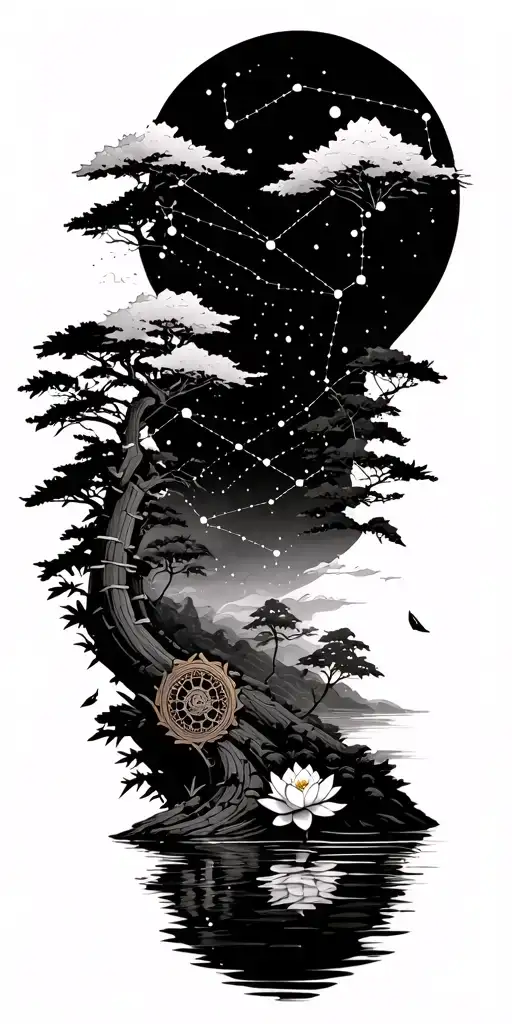 random constellation over layered Japanese landscape of trees,water,bamboo,scattered lotuses,and wood mechanical gears. tattoo design idea