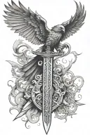 a broadsword with runes on the blade but the hilt is actually a falcon flying with wings outstretched as seen from above tattoo design idea