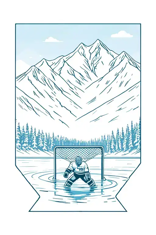 mountain scene featuring a hockey goalie on a pond in net tattoo design idea