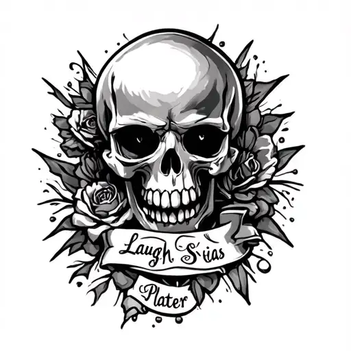 Tattoo with a skull and text on the leg and (laugh Seias Pla later tattoo design idea