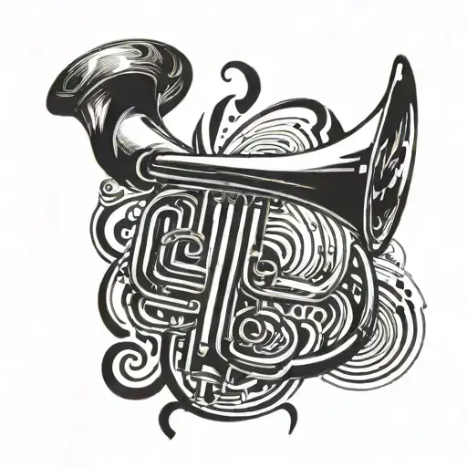 Abstract trumpet design incorporating musical notes and sound waves tattoo design idea