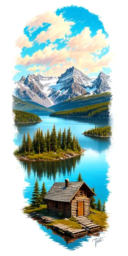 lake Louise bang Alberta with the three sisters mountains in the background with a small cabin  by the lake  tattoo design idea