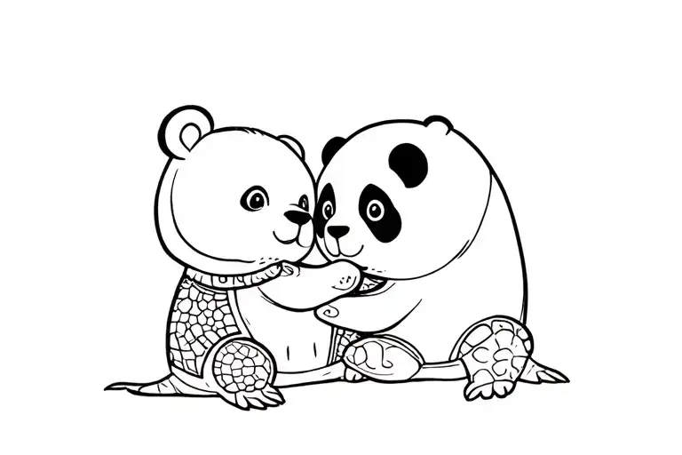 baby sea turtle  giving baby panda bear a hug tattoo design idea
