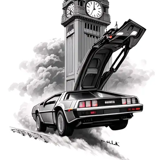 back to the future delorean with clock tower flying through time tattoo design idea