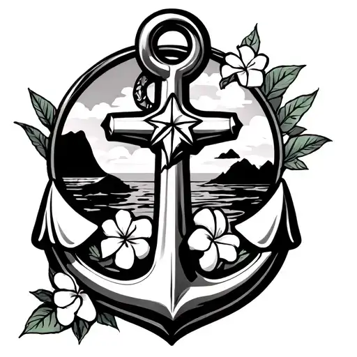 a fouled anchor with a star on top, two plumeria's and a rose at base of the anchor, and hawaiian islands behind anchor tattoo design idea