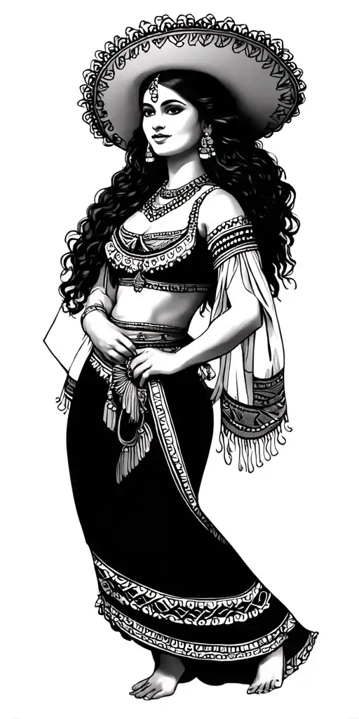 Mexican woman in traditional Mexican dress tattoo design idea