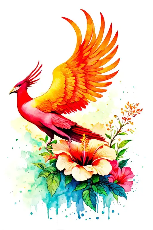 phoenix rising from ashes with hibiscus flowers  tattoo design idea