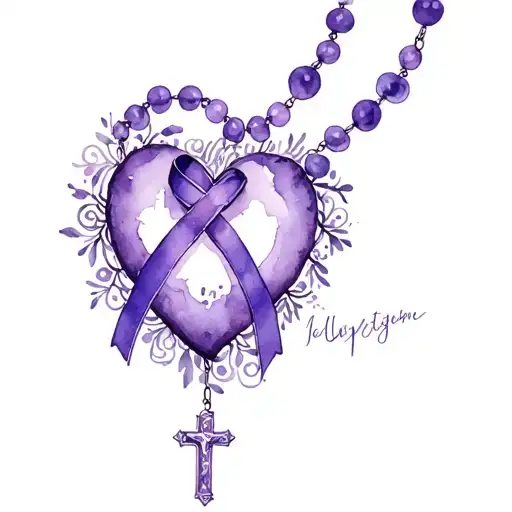 purple ribbon heart rosary, beads intertwined tattoo design idea