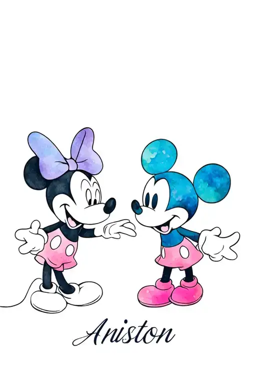 Minnie and mickey with the name Aniston  tattoo design idea