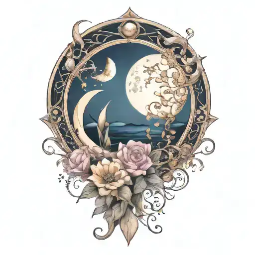 crescent moon, floral, symmetrical, art deco tattoo design idea