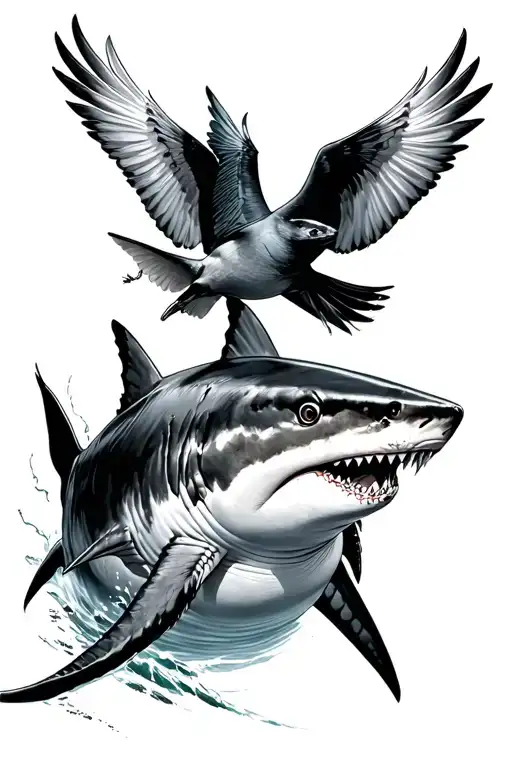 Birds guiding a shark swimming tattoo design idea